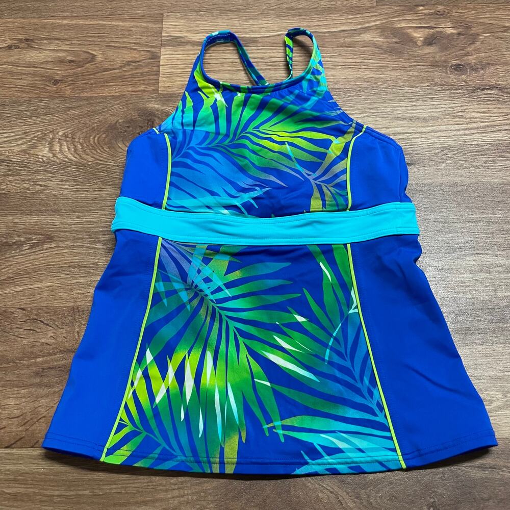 Lands End Womens Blue Green Palm Leaf Racerback Tankini Swim Top Size 2 Modest